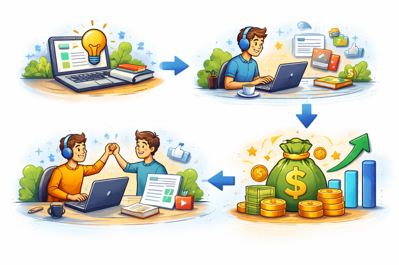 a beginner progressing from learning a simple online skill to taking action and earning income, without text or labels