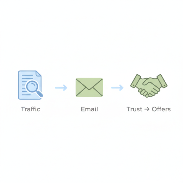 affiliate marketing system showing traffic email trust and offers